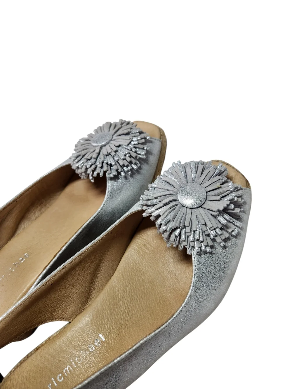 Eric Michael Silver Metallic Leather Espadrille Wedge Slingback Sandals Pom 6.5